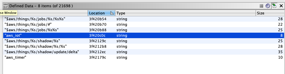Ghidra string search revealing AWS iOT SDK usage.
